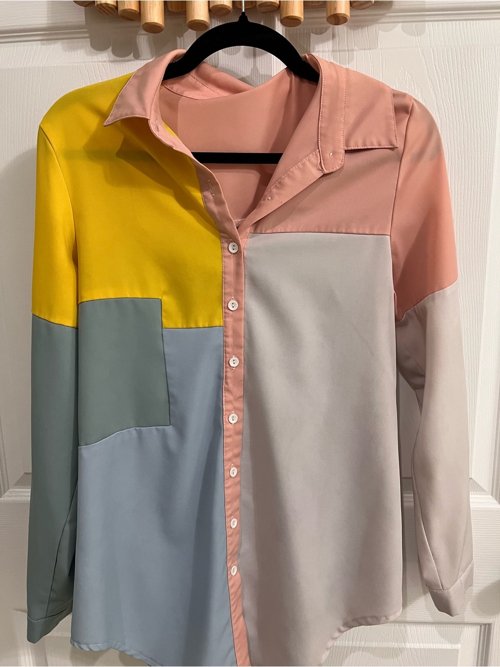 Colorblock Button-Up Shirt in Yellow, Pink, Gray, Light Blue